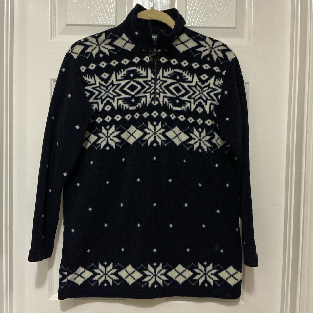 Lauren‎ Ralph Lauren Petite Women Fair Isle 1/4 Zip Fleece Blue Sweater P/P L